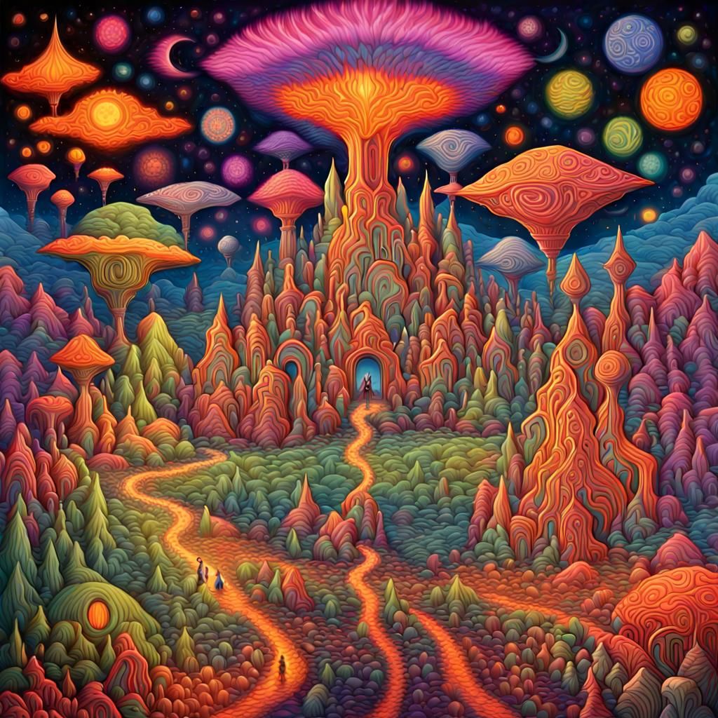 Psychedelic Journey Through Glowing Structures: Crayon Art