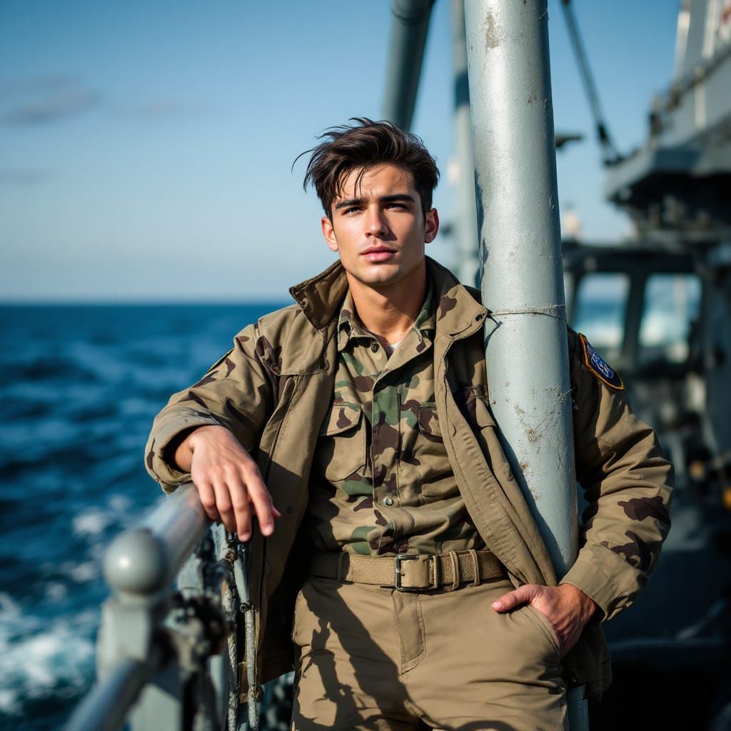 Self-Assured Soldier on Navy Ship in Realistic Style