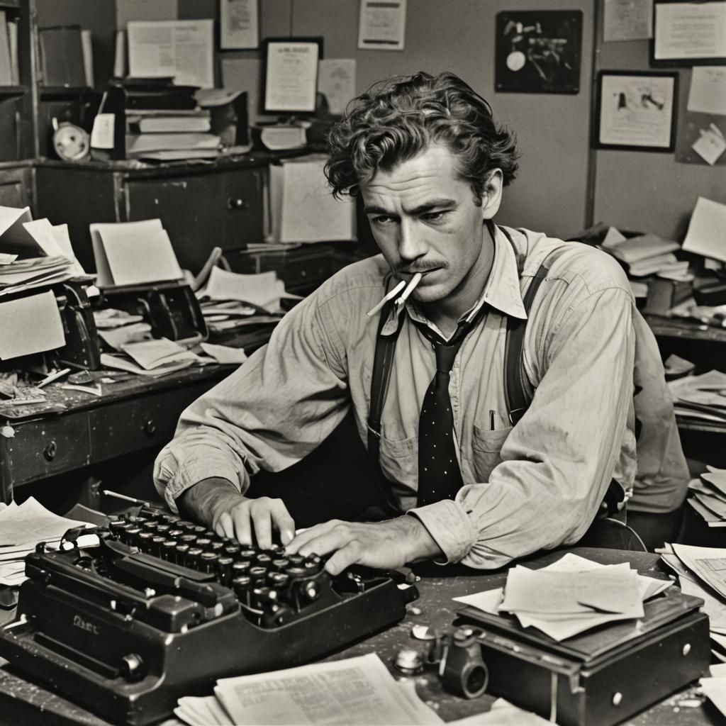 1940s Writer at Typewriter: Black and White Photo