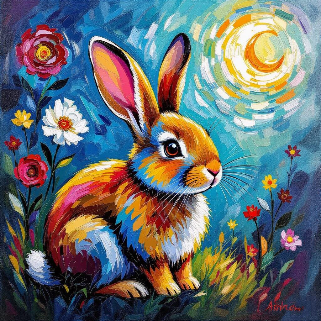 Rabbit Portrait with Intricate Swirling Fur in Neo-Impressio...