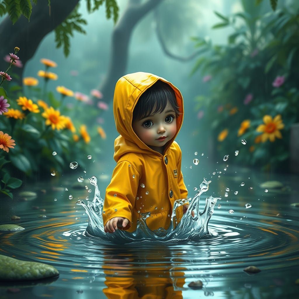 Girl Splashes in a Puddle of Water in a Dreamlike Scene