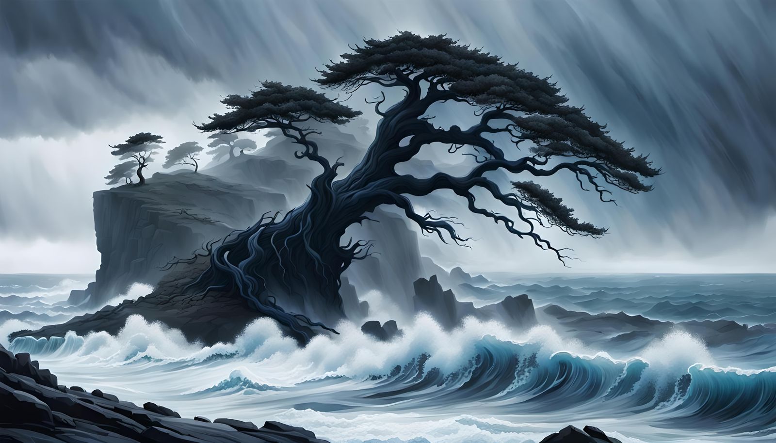 Ancient Tree Survives Storm on Jagged Cliff