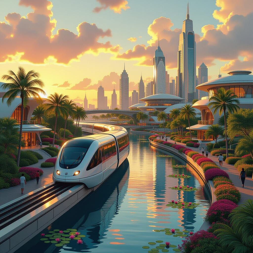 Futuristic Monorail Cityscape at Sunset
