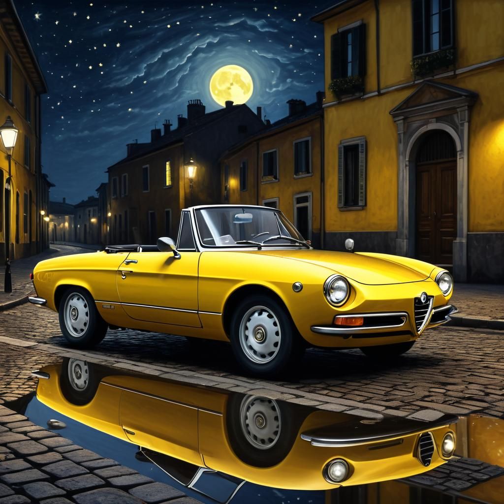 Yellow Alfa Romeo Spider in Rainy City, Rembrandt Style