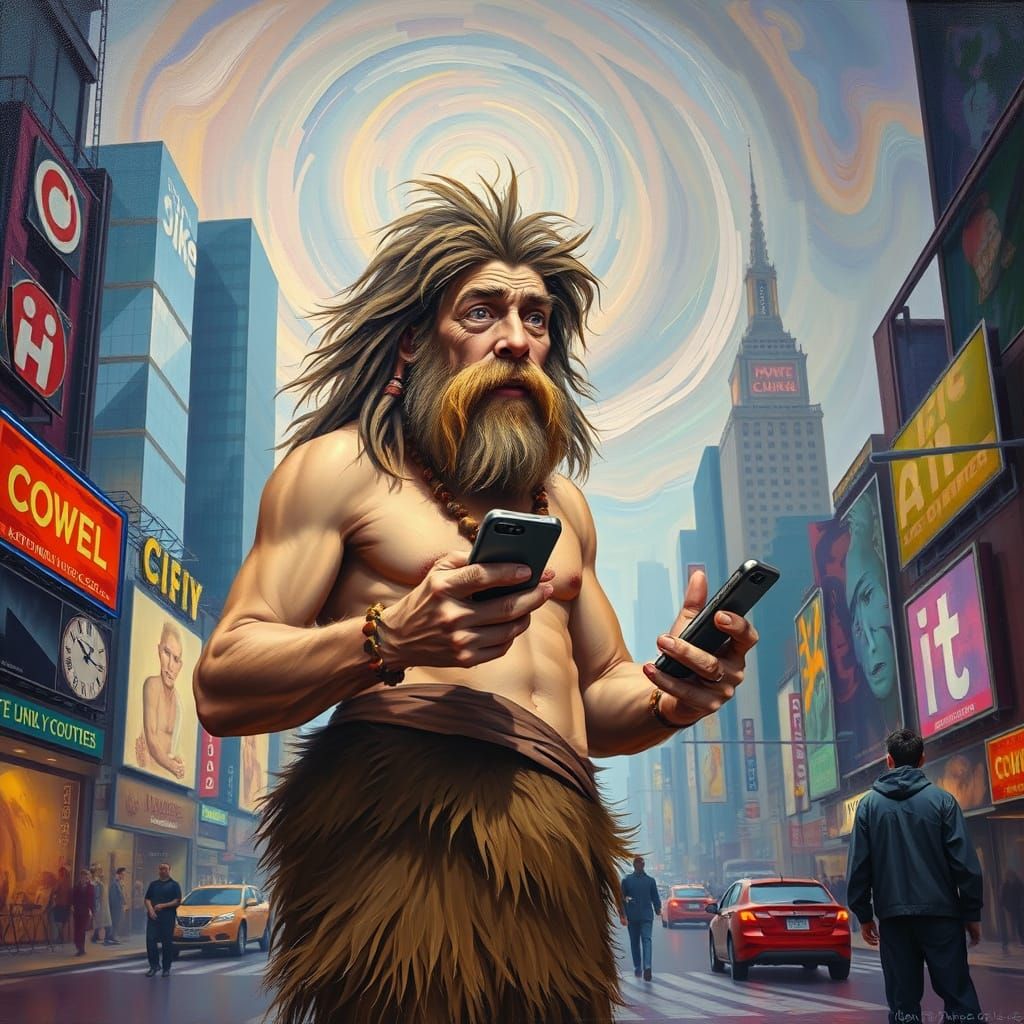 Caveman in City, Surreal Oil Painting