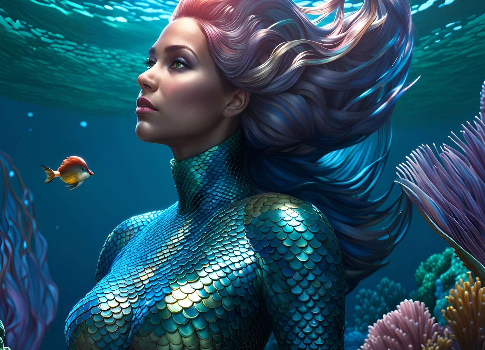 Beautiful Mermaid Portrait in Ocean Color Scheme