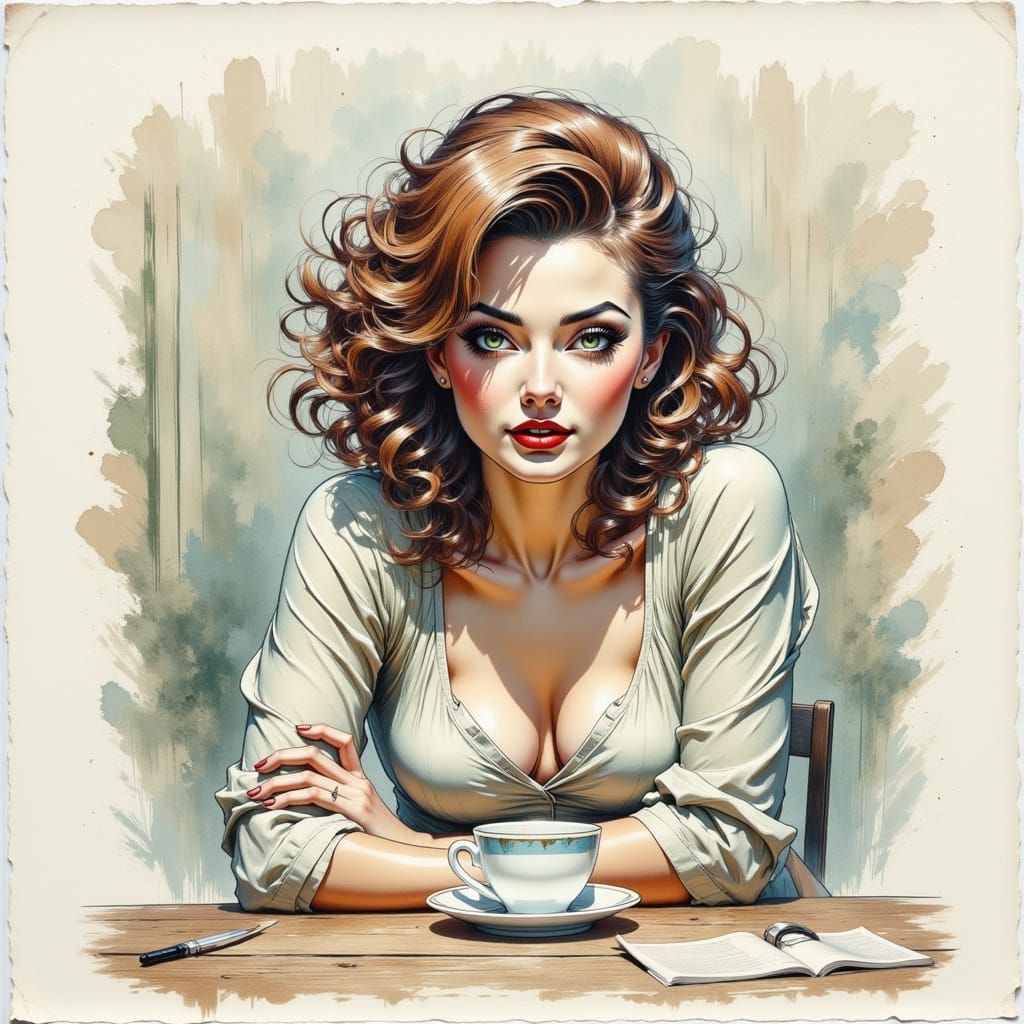 Surreal Watercolor of a Sleepy Woman with Spilled Coffee