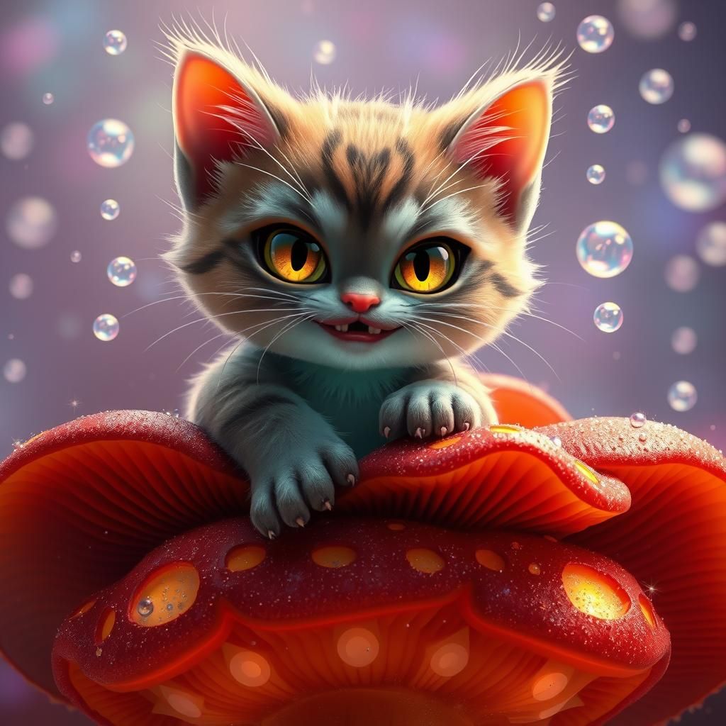 Mischievous Kitten on Magical Mushroom in 3D