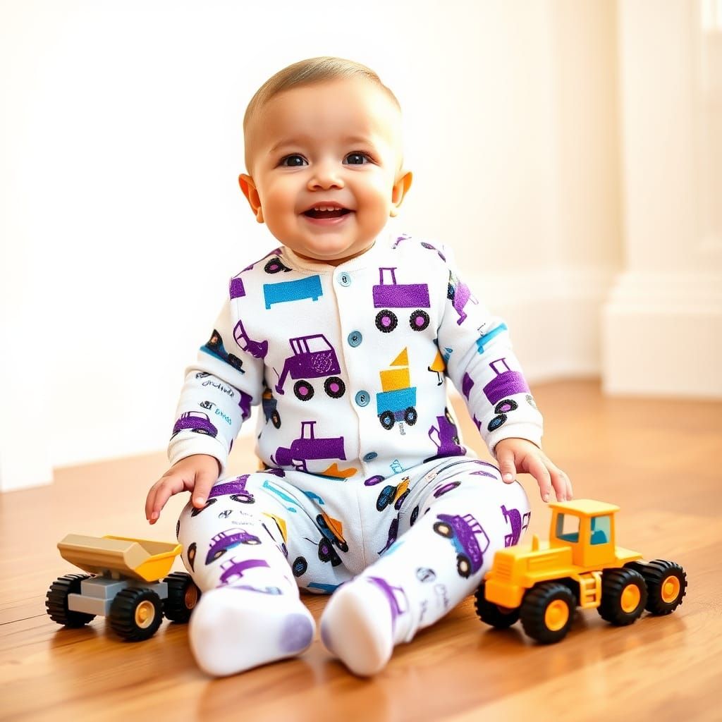 Happy Baby in Construction Romper, Children's Book Illustrat...
