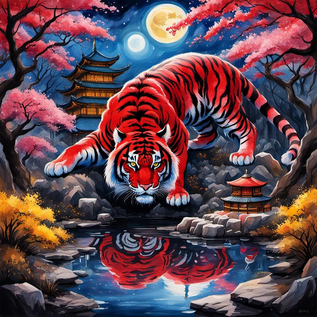 Red Tiger in Sakura Garden Painting