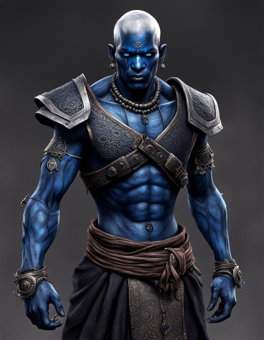 Powerful Blue-Black Humanoid Figure with White Eyes