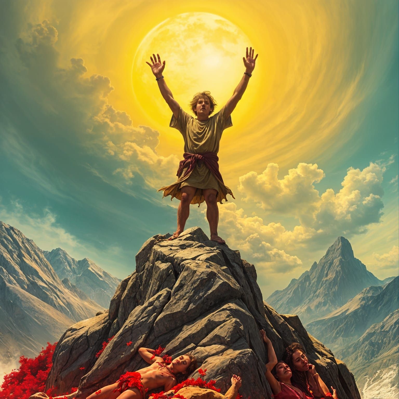 Mountain Top Drawing with Yellow Sun and Maroon Pools