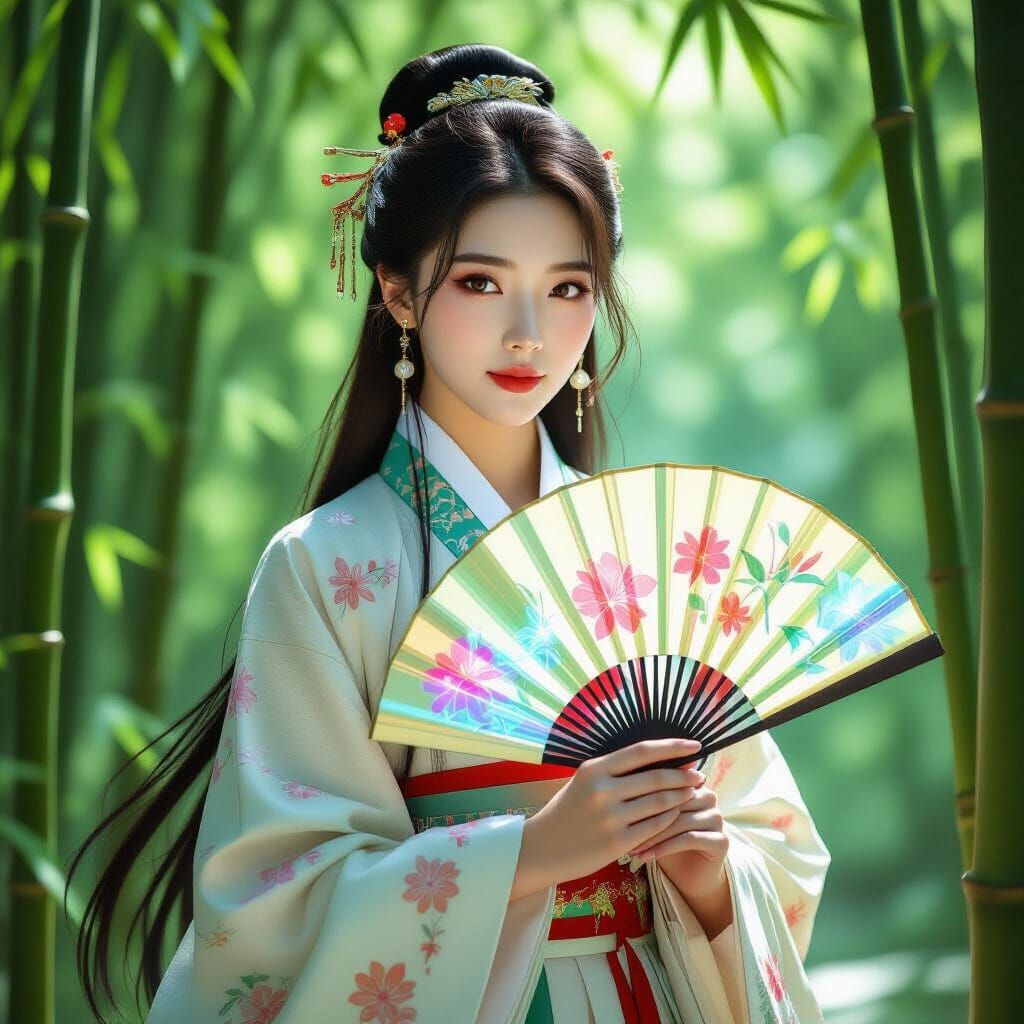 Korean Woman in Hanbok with Holographic Fan