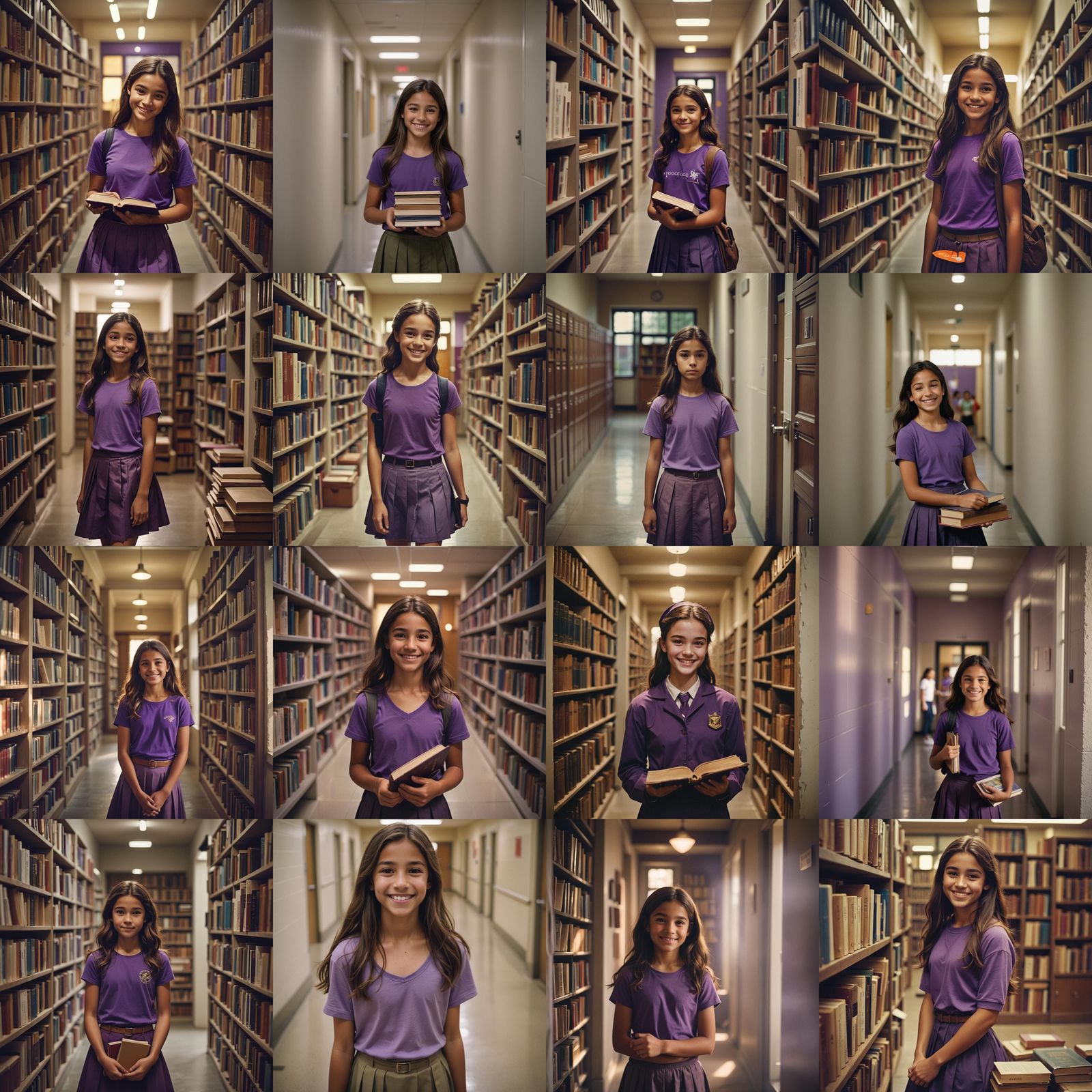 Girl in School Hallway Smiling in a Cinematic Still