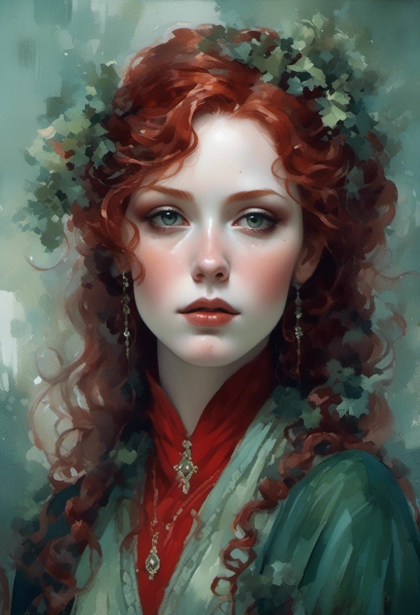 Vampiress Bride with Red Hair in Pastel Green Dress