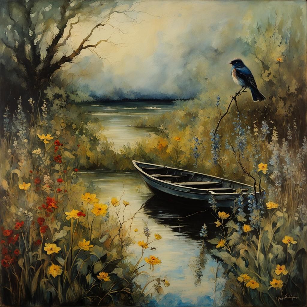 Encaustic Mockingbird in Gloomy Swamp Landscape