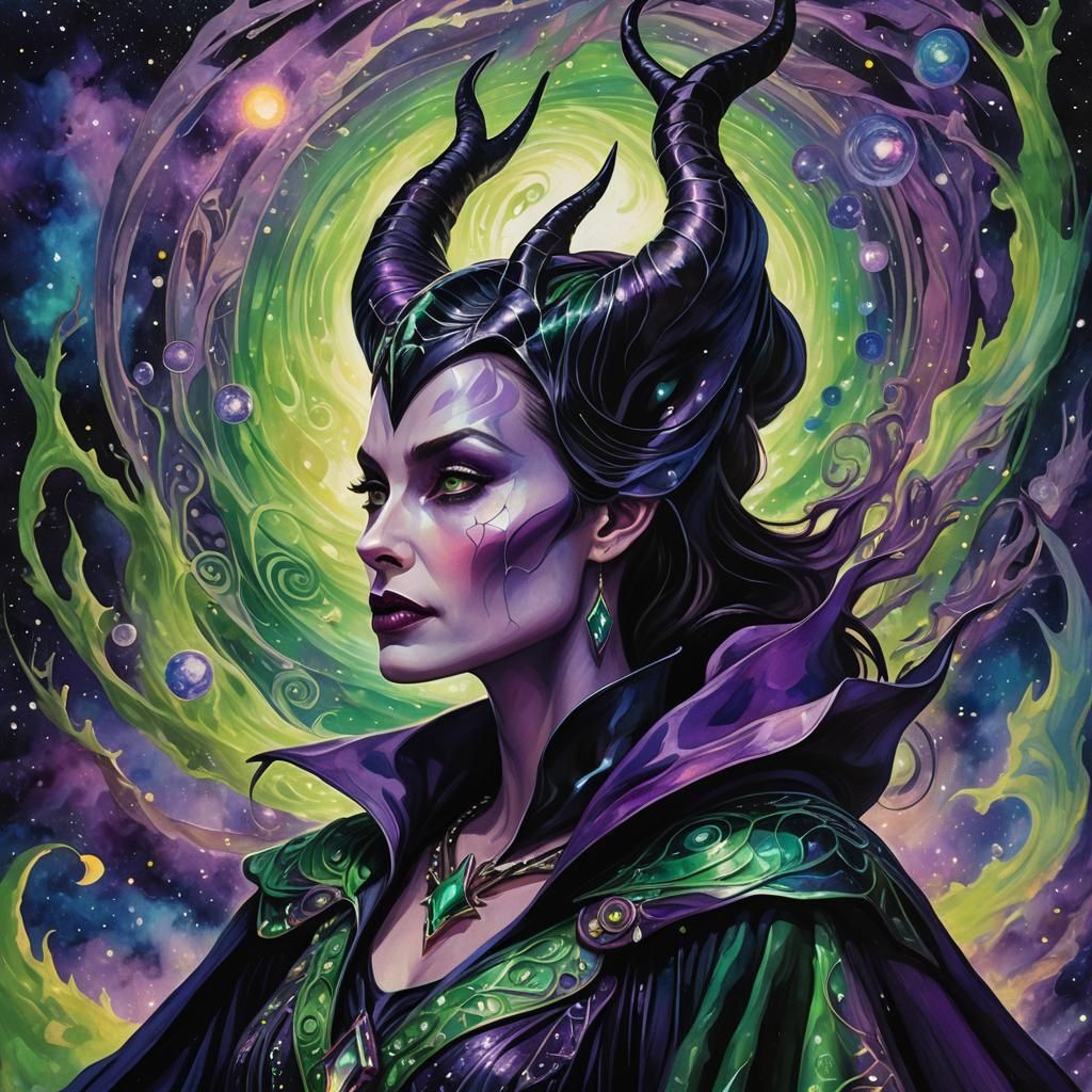 Cosmic Maleficent Portrait in Pablo Amaringo Style