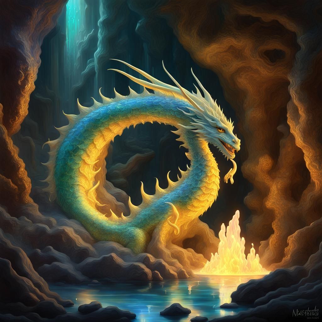Mystical Dragon in Crystalline Cavern: Holographic Glass Art