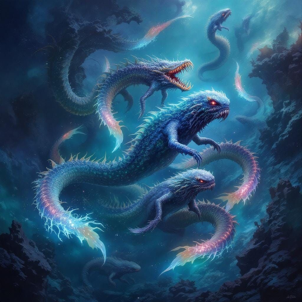 Iridescent Sea Monster School in Dreamlike Painting