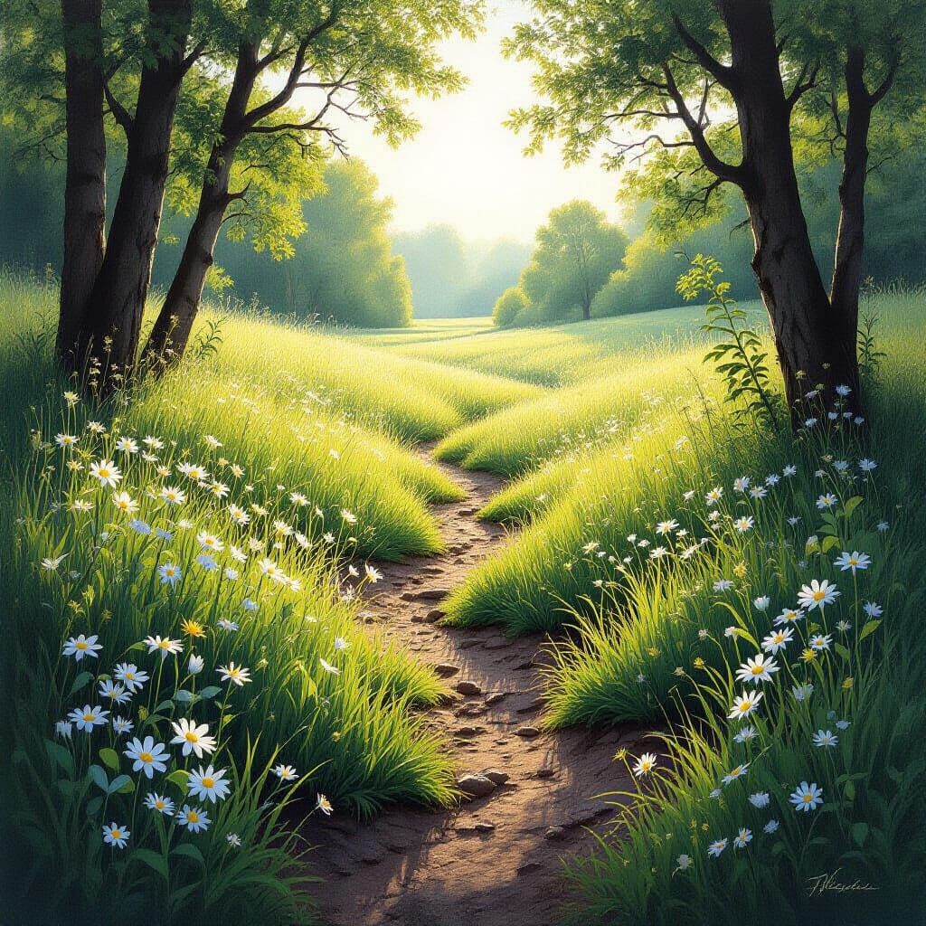 Tranquil Grassy Hollow in Soft Sunlight, Charcoal Drawing