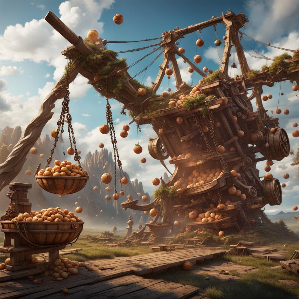 Giant Catapult Launches Food: Detailed Matte Painting