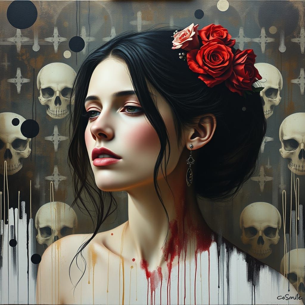 Surreal Female Portrait with Skull Motif in Mixed Media