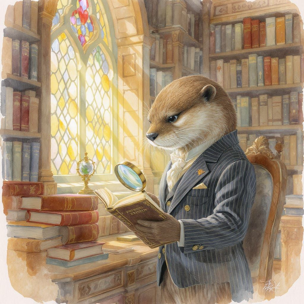 Otter Gentleman Reads in Whimsical Watercolor Library