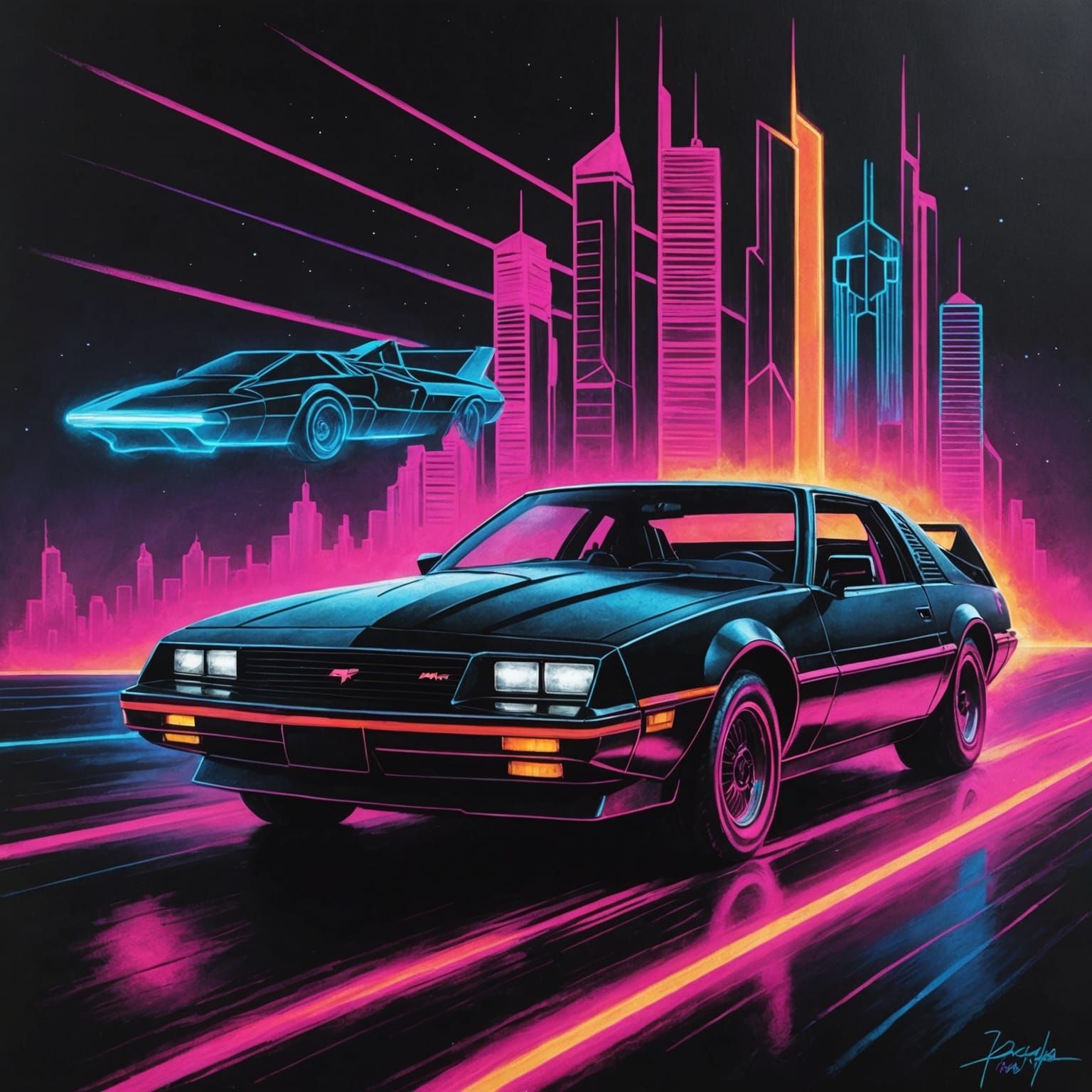 Knight Rider in Synthwave Neon Chalk Art