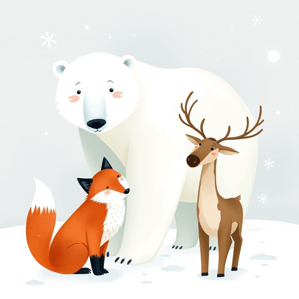 Wonderful Friends in a Serene Snowy Scene, Whimsical Storybo...