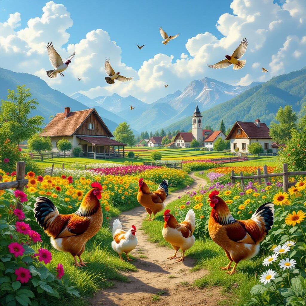 Picturesque Chicken Farm in Village Landscape
