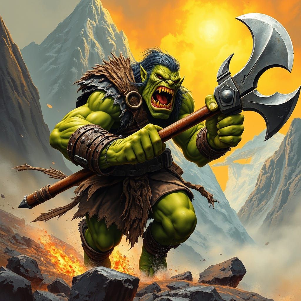 Fierce Mountain Orc Charges Forward in a Fantastical, Indust...