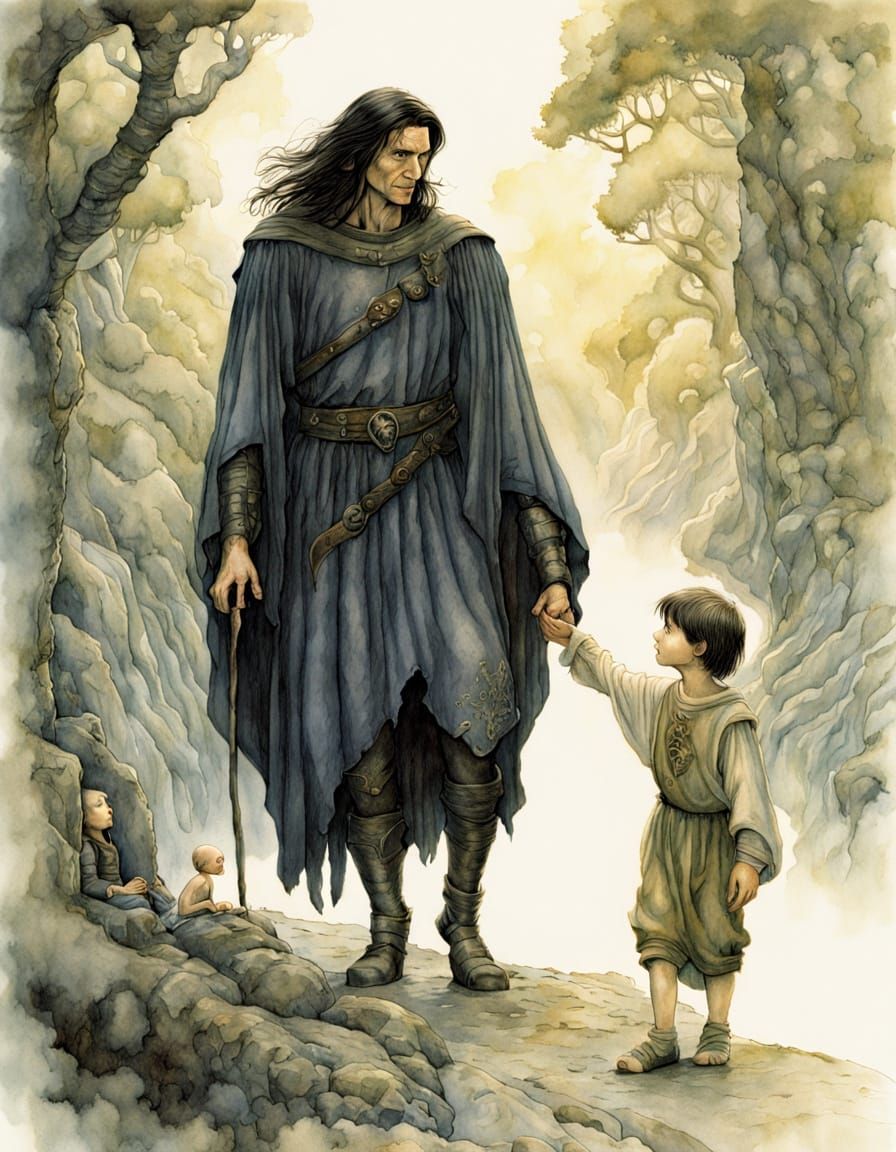 Fantasy Ranger and Child in Watercolor Style