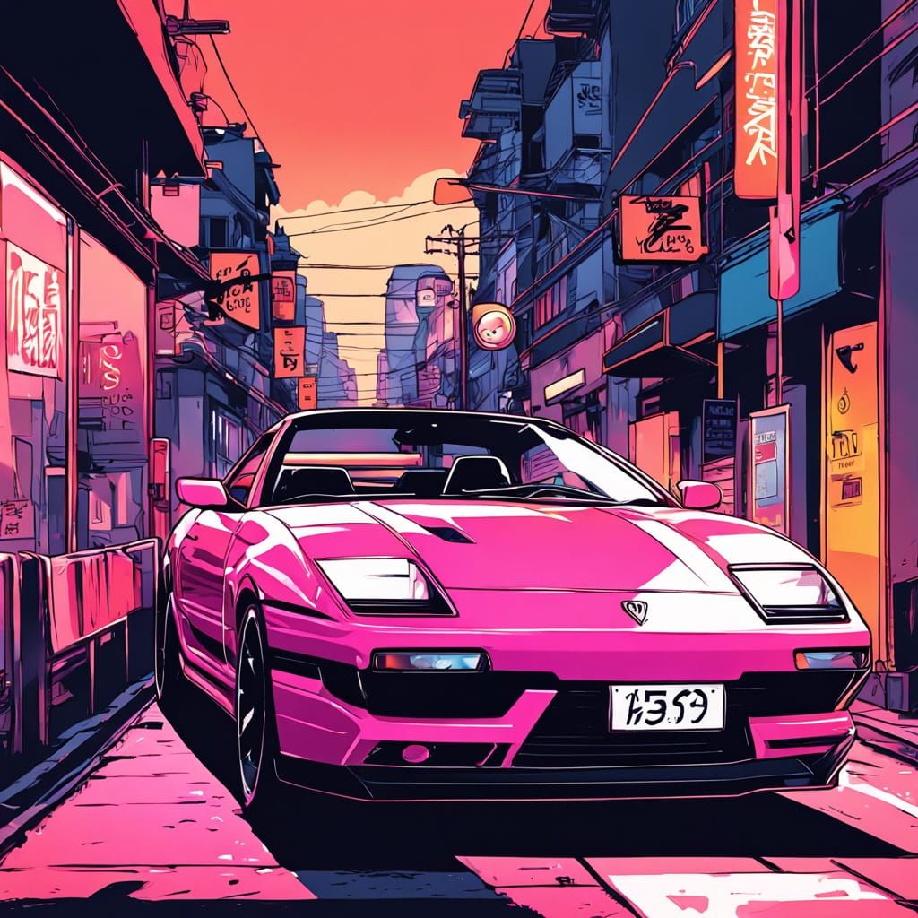 Gyaru Girl Leans on a Retro Anime Pink Sports Car in Tokyo