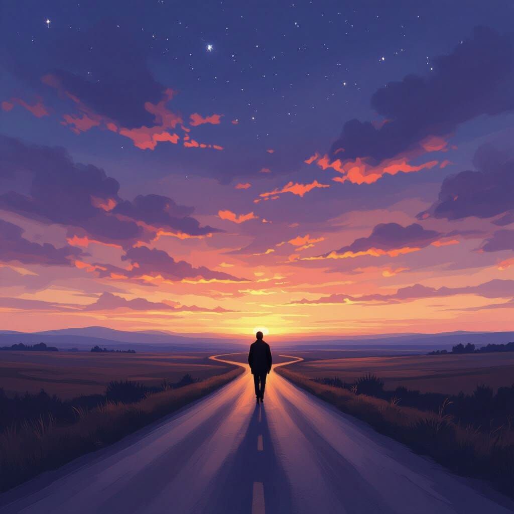 Solitary Figure on Winding Road at Dusk