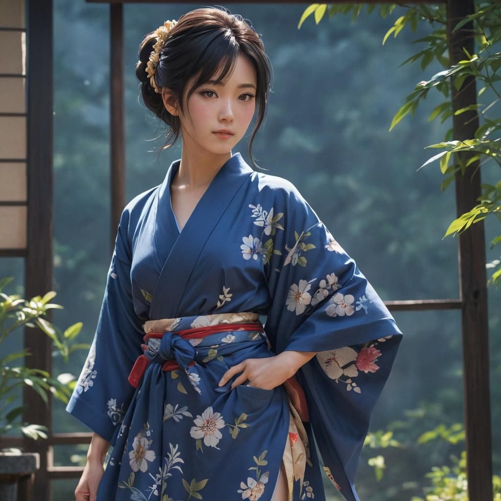 Anime Girl in Blue Kimono, Cel-Shaded Style