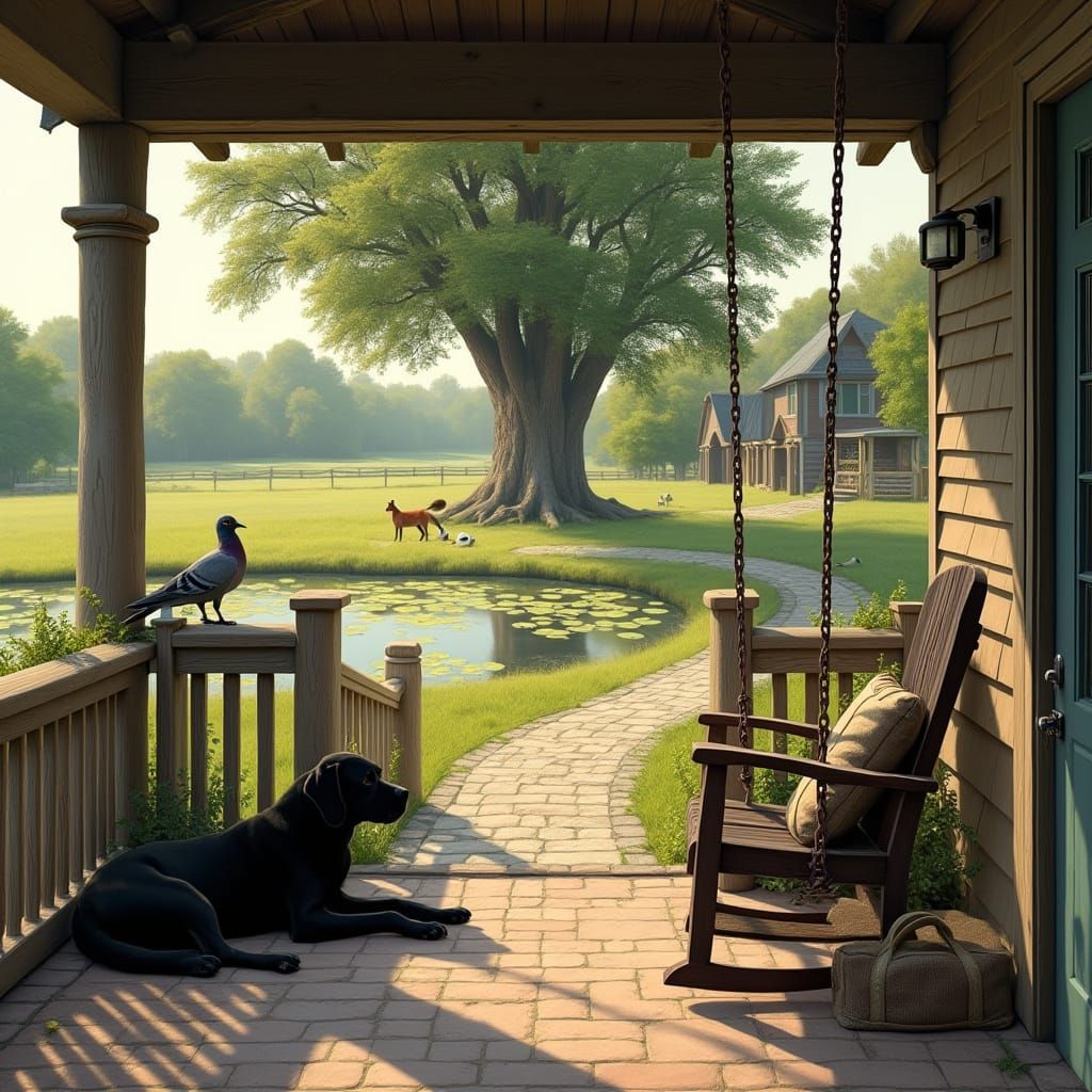 Rustic Cottage Porch View with Animals and Pond