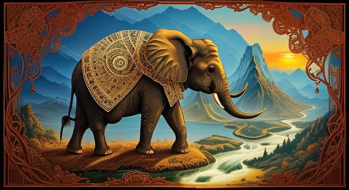Elephant on Mountainside in Surreal Zentangle Style