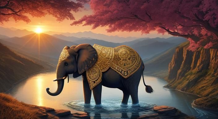 Cute Elephant in Surreal Mountain Landscape
