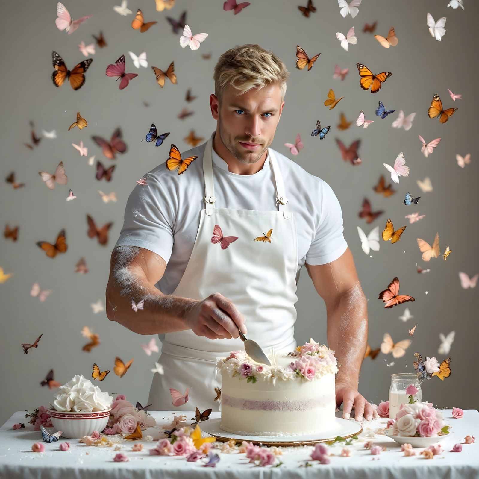 Handsome Bodybuilder Surrounded by Colourful Butterflies in ...