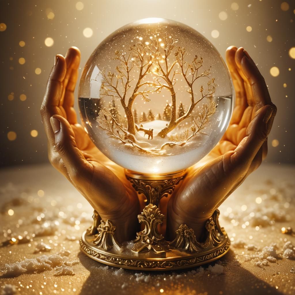 Golden Hands Hold Glittery Visions in Snow Globe