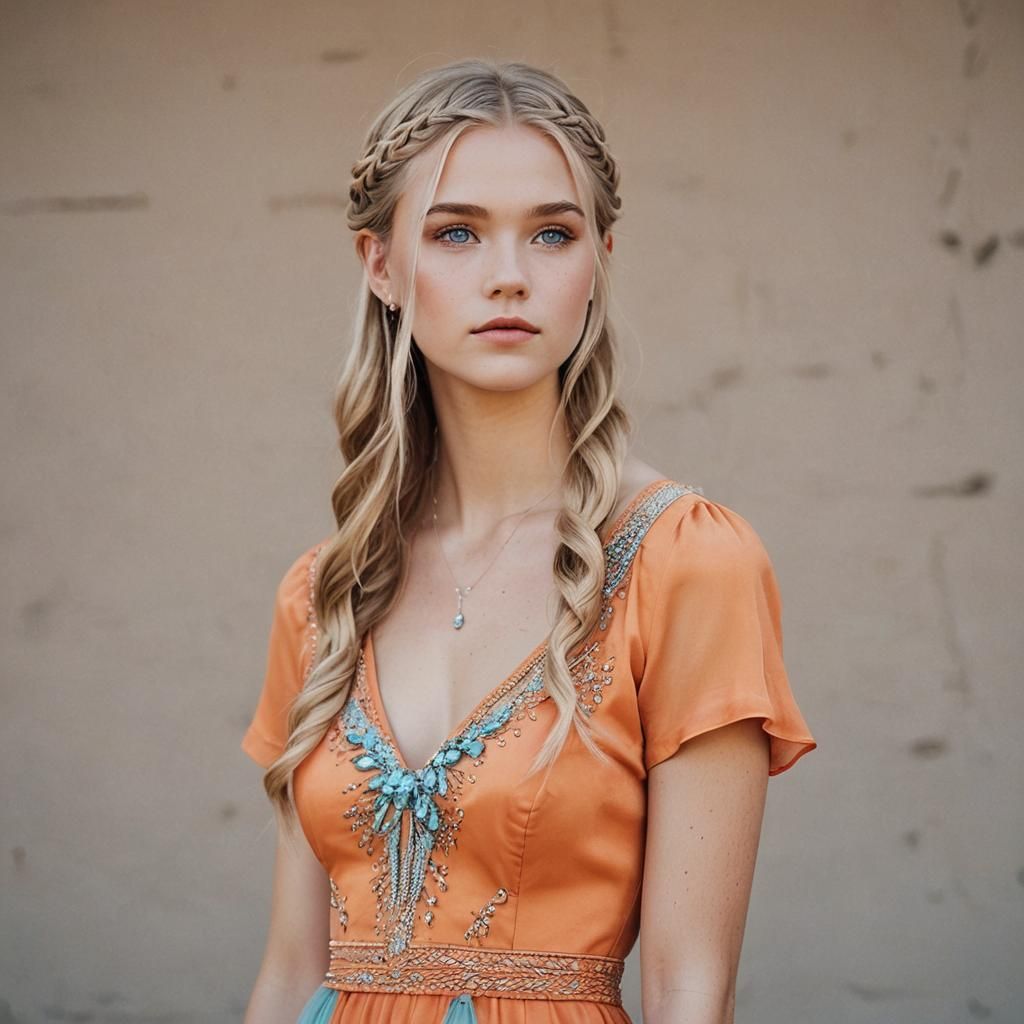 Girl with Blonde Hair and Orange Prom Dress