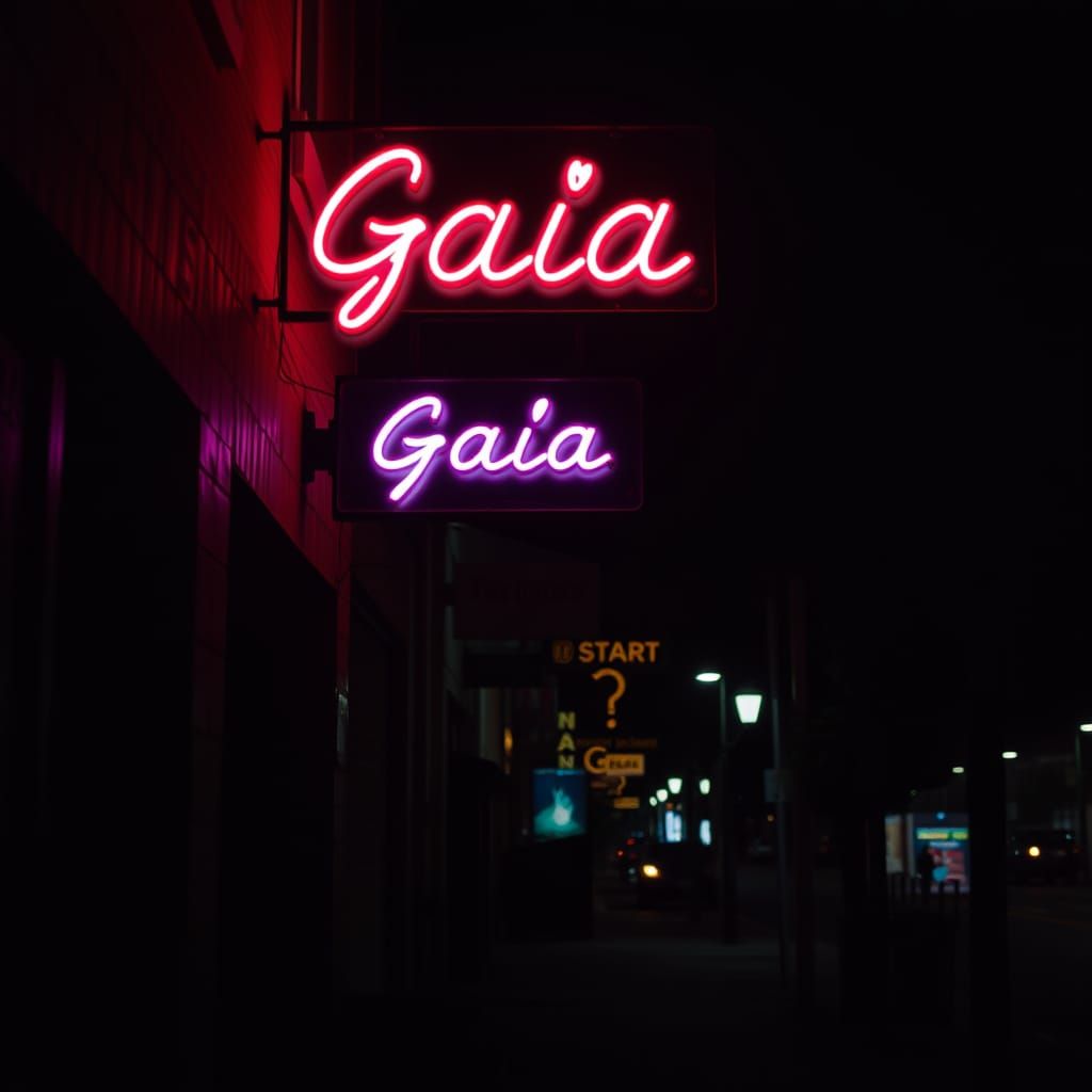 Neon Sign Illuminates Dark Street with 'Gaia' in Vibrant Let...