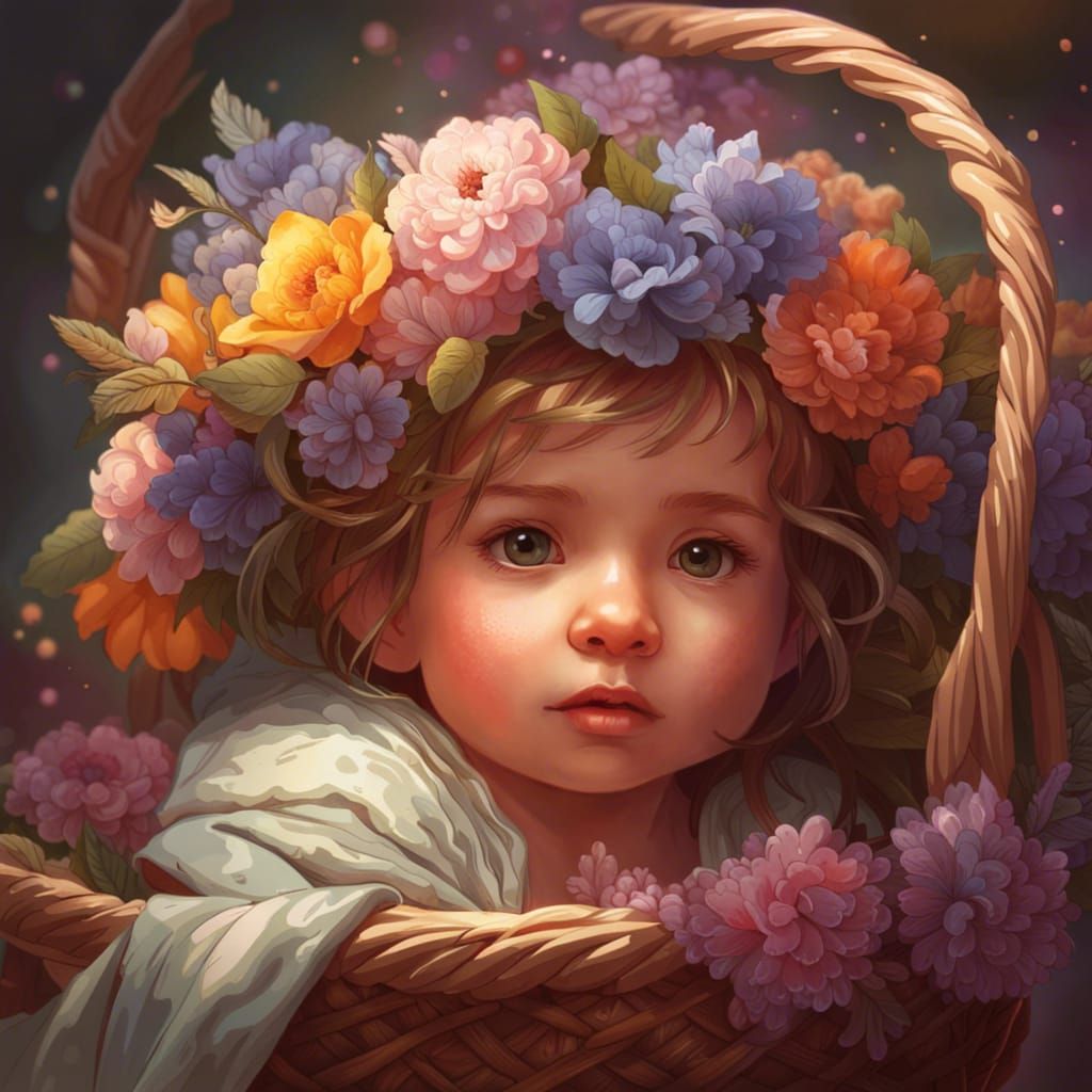 Cute little baby in flower basket