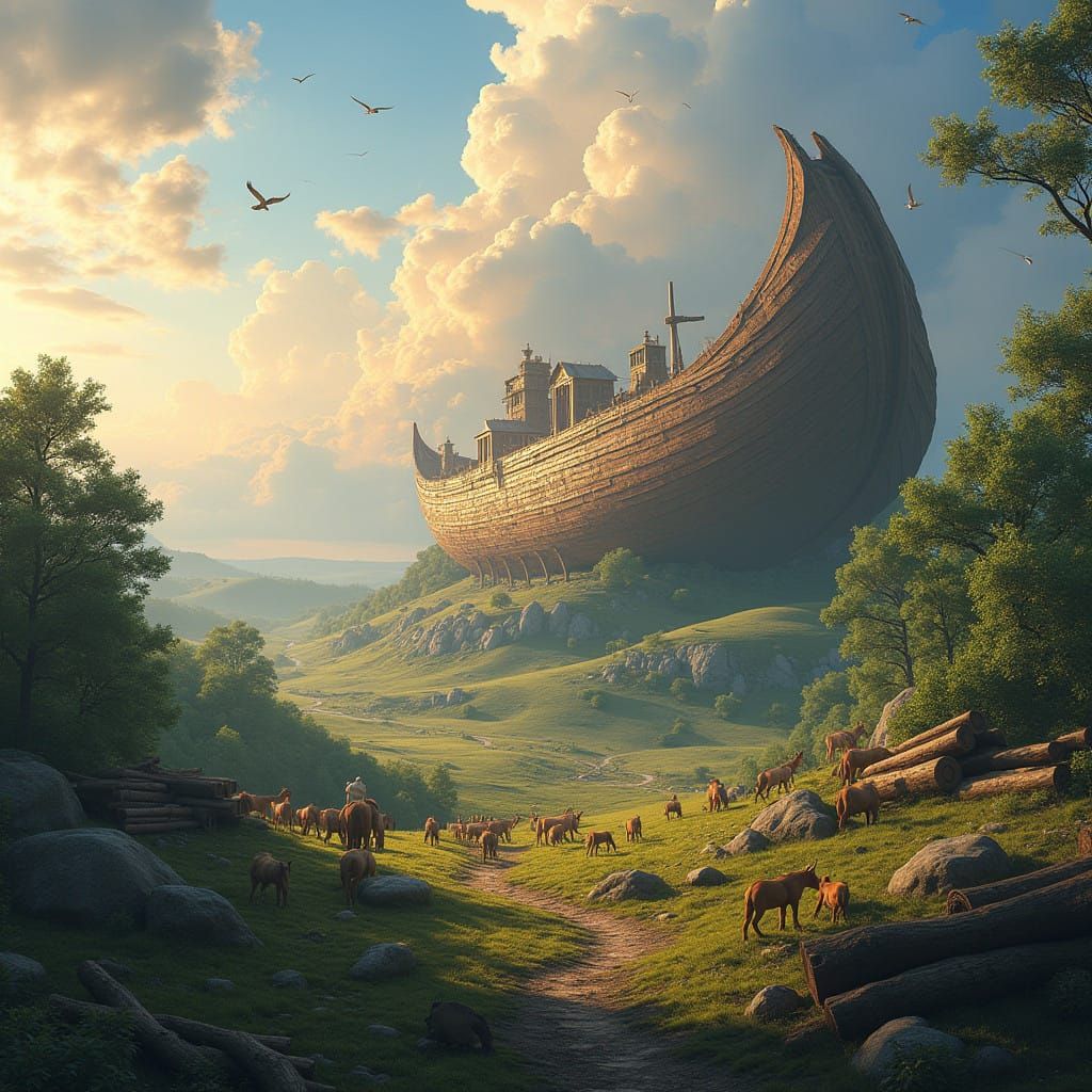 Serene Ark Construction Scene in a Dreamlike Landscape