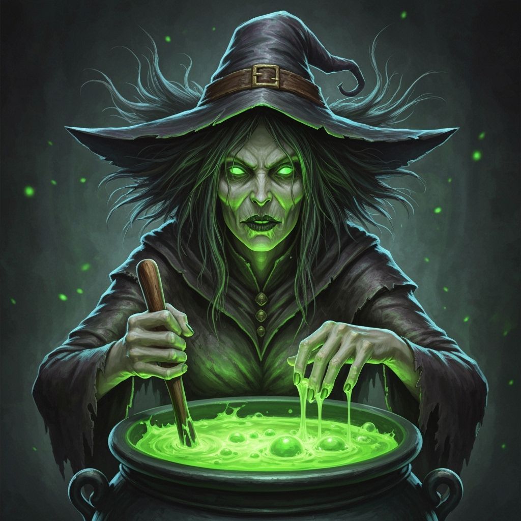 Spooky Witch Stirs Luminous Green Potion