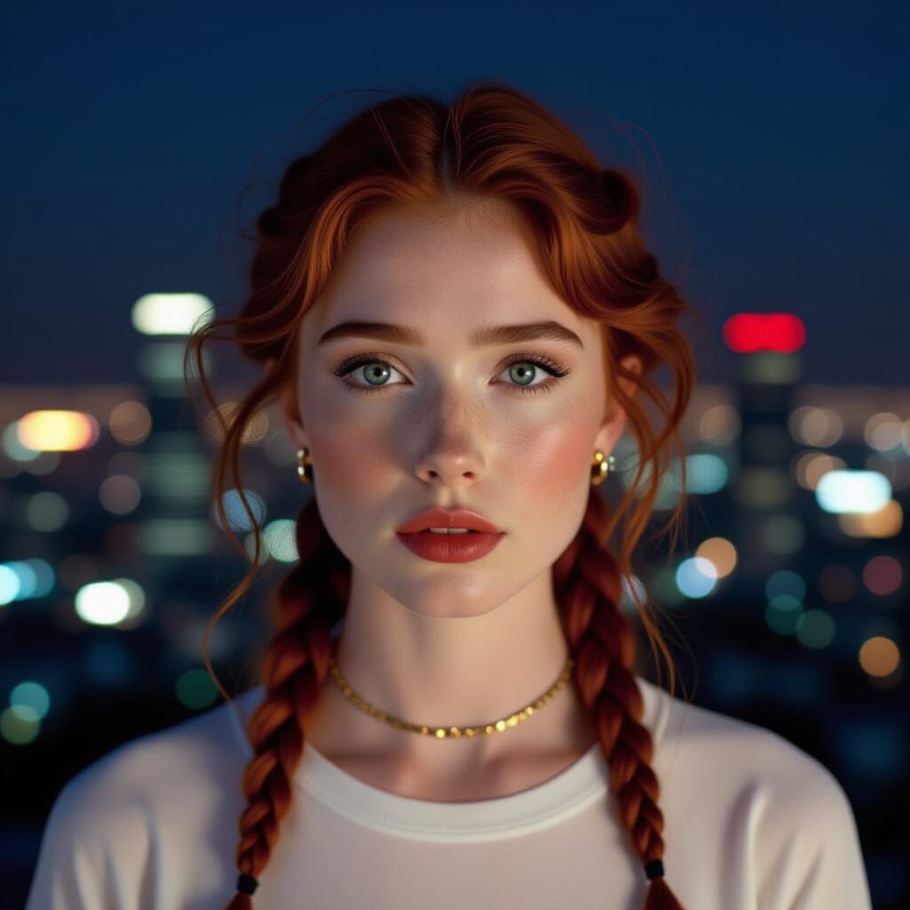 Anxious Redhead Woman in Night Metropolis Cinematic Film Sti...