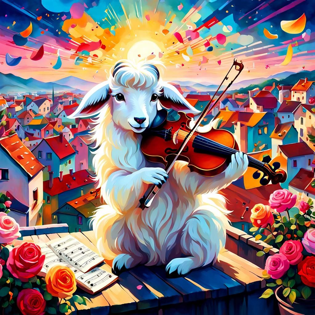 Dreamy Goat Violinist in Japanimation Style