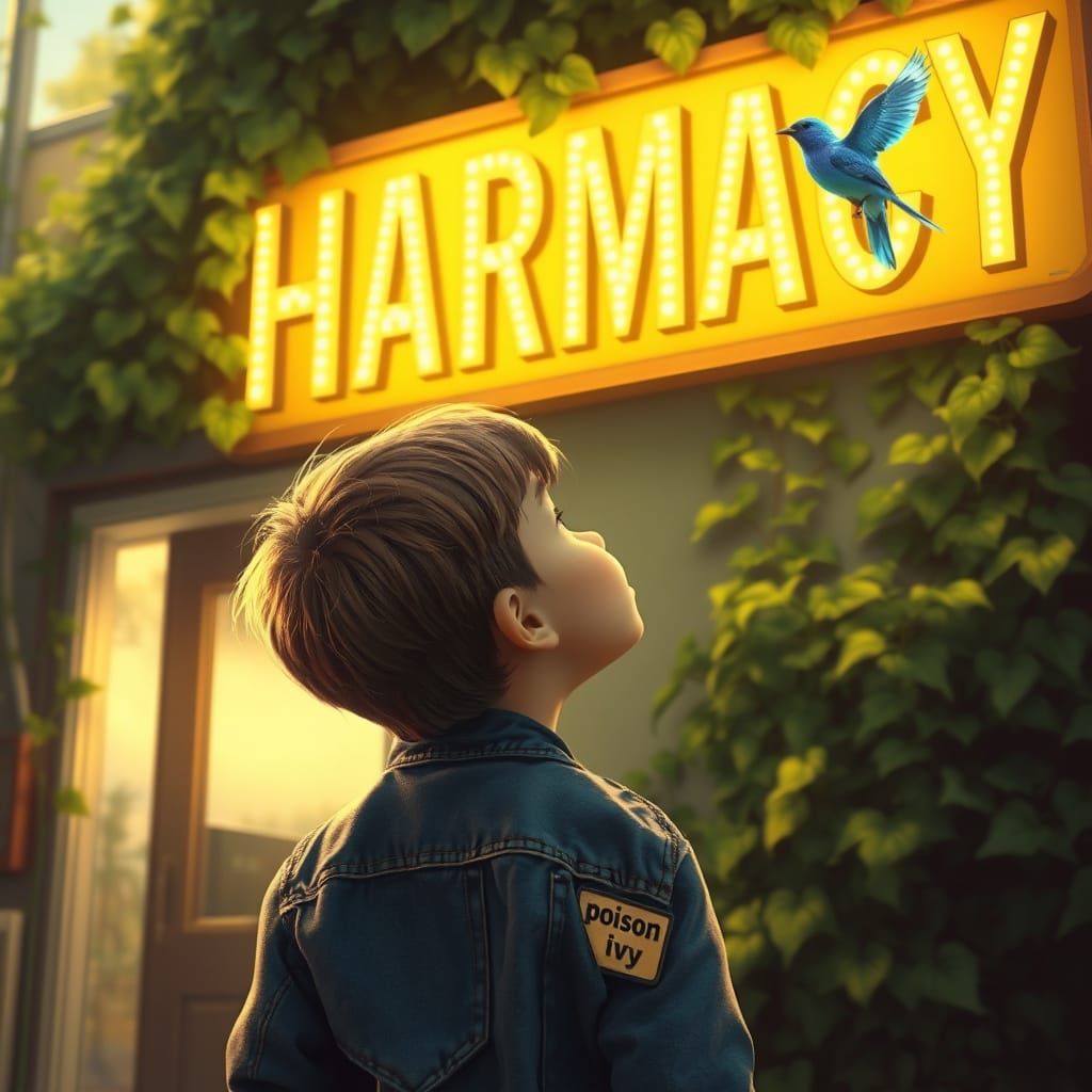 Child and Glowing Pharmacy Sign in Dreamy Style