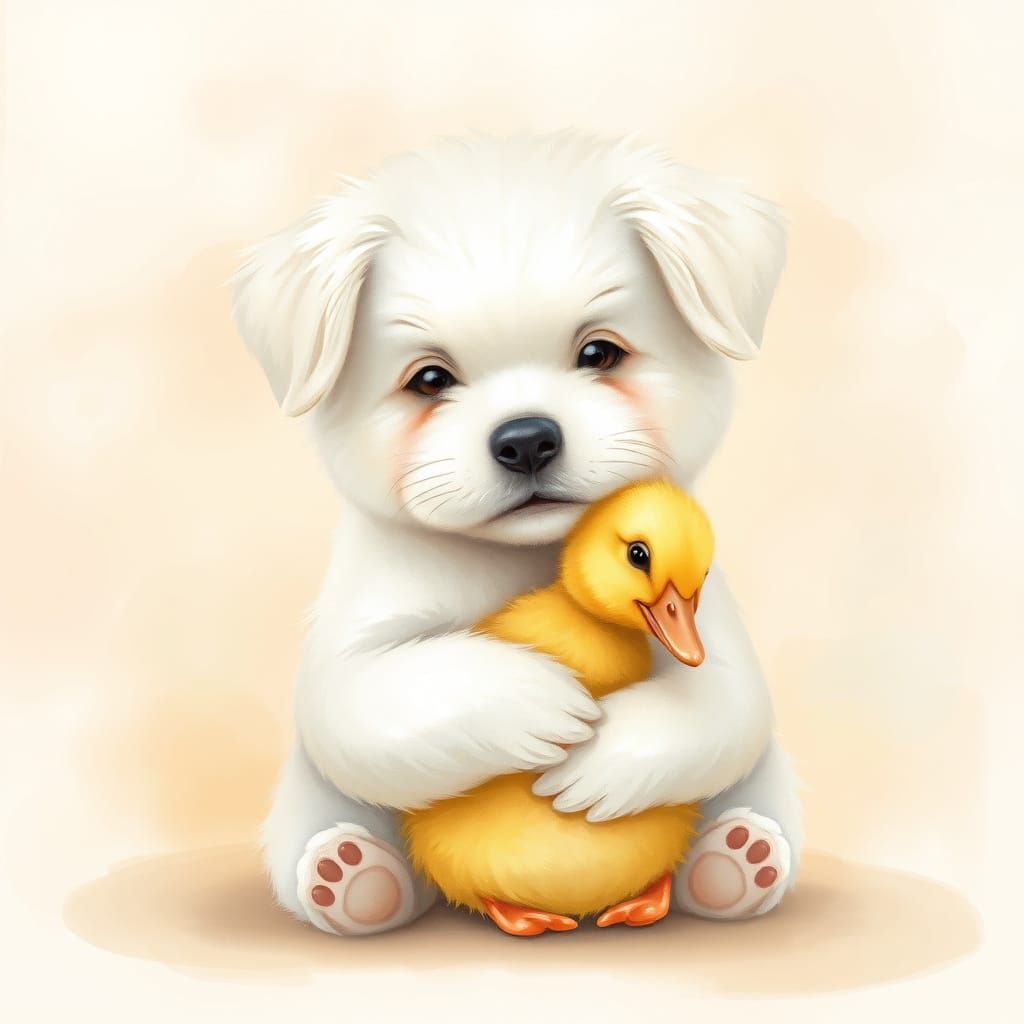 Whimsical White Dog and Duckling Embrace in Soft Pastel Hues
