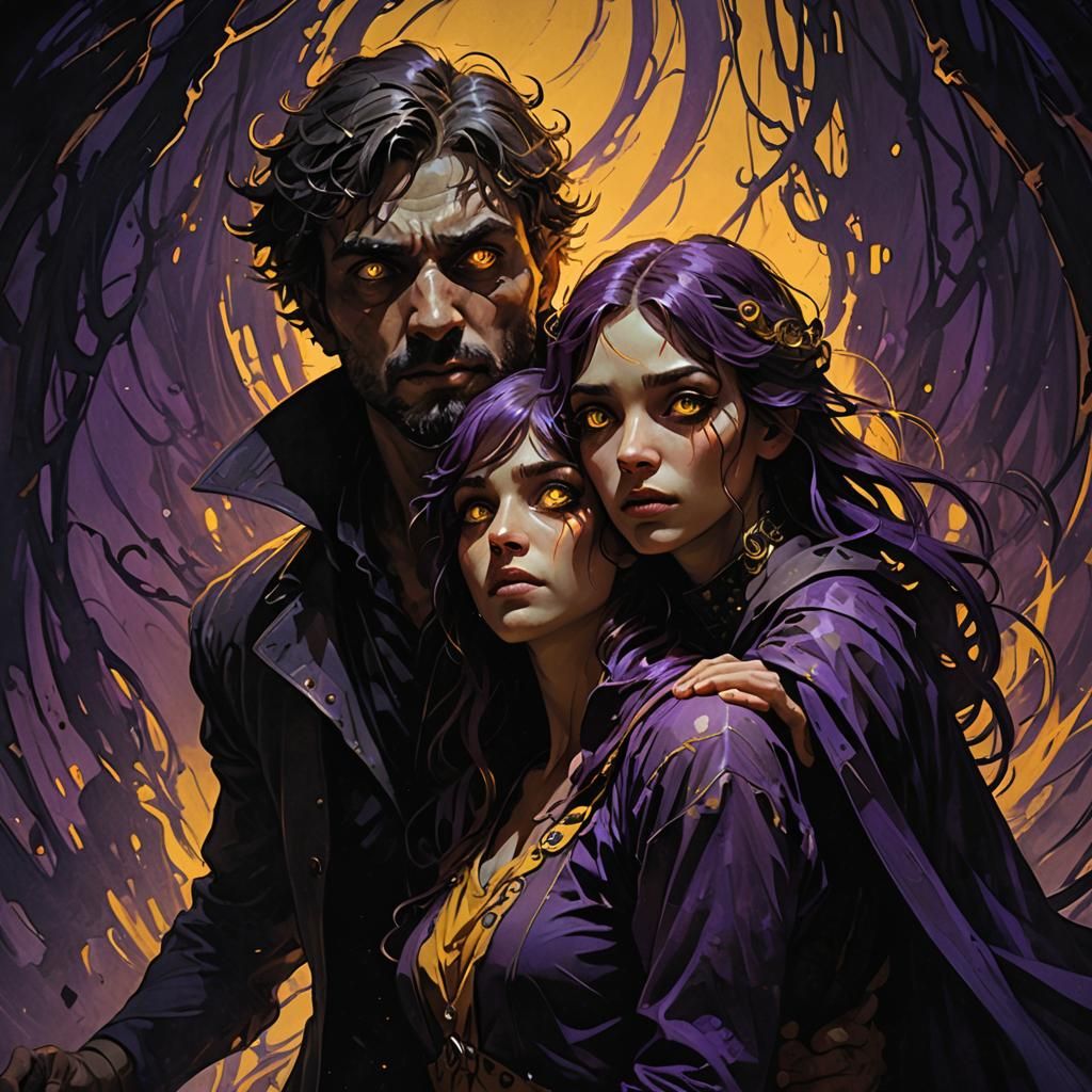 Terrified Couple in Dark Fantasy Art Nouveau Style